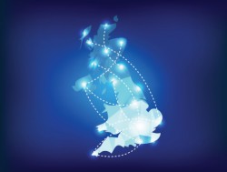 UK country map polygonal with spot lights places